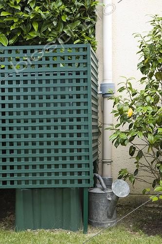Biosphoto | 482997 | Récupérateur d'eau de pluie et arrosoir dans un jardin | &copy; Frédérique Bidault / Biosphoto