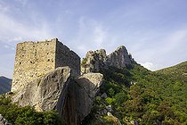 Biosphoto | 2593234 | Remains of the Castello di Supietra on Monte Supietra overlooking the hamlet of Caporalino. The Supietra fortification was built in the 13th century by Amondino to defend a difficult and dangerous passage between Bastia and Corte. Corsica, France | &copy; Hyacinthe Sambroni / Biosphoto