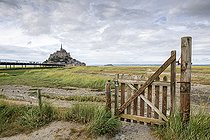 Biosphoto | 2484724 | Saltmarsh barrier and footbridge to Mont Saint-Michel, Normandy, France | &copy; Yann Avril / Biosphoto