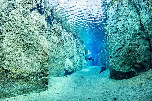Biosphoto | 2081894 | Scuba diver inside the volcanic crack Nesgjá, in the Ásbyrgi National Park, northern Iceland | &copy; Franco Banfi / Biosphoto