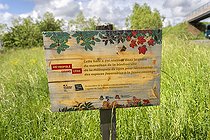 Biosphoto | 2588004 | Sign at the entrance to the headquarters of the Arthropologia association explaining the creation of a hedge as part of the biodiversity marathon in La Tour de Salvigny, Grand Lyon, Rhône, France | &copy; Antoine Boureau / Biosphoto