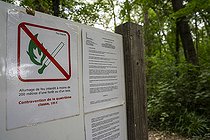 Biosphoto | 2588061 | Sign indicating the prohibition of lighting a fire within 200 meters of a forest and wood in the Drome valley at the Ramieres nature reserve in Loriol sur Drome, France. | &copy; Antoine Boureau / Biosphoto