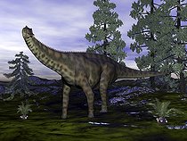 Biosphoto | 2472111 | Spinophorosaurus dinosaur next to Wollemia pine trees. | &copy; Elena Duvernay / Stocktrek Images / Biosphoto