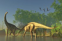 Biosphoto | 2472475 | Spinophorosaurus dinosaurs grazing the inhabited swamps of the Jurassic period. | &copy; Corey Ford / Stocktrek Images / Biosphoto