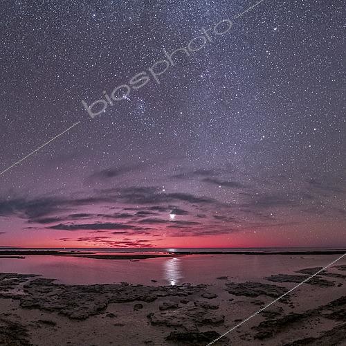 Biosphoto | 2624460 | Stromatolites under a starry sky with Venus above, accompanied by Sirius, the constellation of Orion, and the Milky Way, Hamelin Pool, Australia. | &copy; Philippe Jacquot / Biosphoto