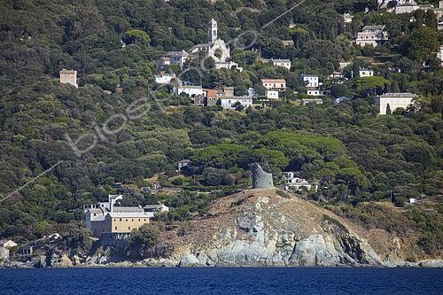 Biosphoto | 2593278 | The Genoese tower of Scalo, built in the early 16th century on the small hill overlooking the shore, the Genoese tower of Scalo stands 42 m above sea level. It was one of the first towers built by the Genoese below the village of Pino, Cap Corse, Corsica, France. | &copy; Hyacinthe Sambroni / Biosphoto
