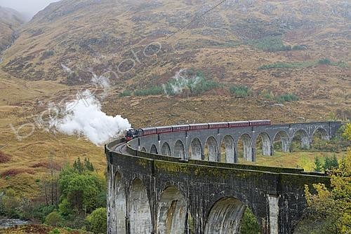 Biosphoto | 2628011 | The Jacobite Train (Harry Potter) Lancashire Fusilier 45 407 operating the Fort William - Mallaig route crosses the Glenfinnan viaduct on the West Highland railway line, Scotland, United Kingdom. | &copy; Michel Poinsignon / Biosphoto