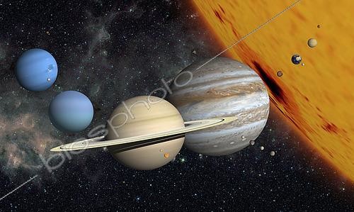 Biosphoto | 2483967 | The planets and larger moons to scale with the Sun. | &copy; Ron Miller / Stocktrek Images / Biosphoto