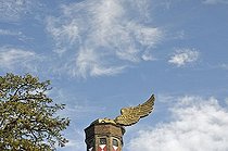 Biosphoto | 1605781 | The winged car by the artist HA Schult, Goldener Vogel, Golden Bird, 1989-1991, on the roof of the Zeughaus armory, now Koelnisches Stadtmuseum City Museum, Cologne, North Rhine-Westphalia, Germany, Europe | © Walter G. Allgoewer / imageBROKER / Biosphoto