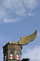 Biosphoto | 1605782 | The winged car by the artist HA Schult, Goldener Vogel, Golden Bird, 1989-1991, on the roof of the Zeughaus armory, now Koelnisches Stadtmuseum City Museum, Cologne, North Rhine-Westphalia, Germany, Europe | © Walter G. Allgoewer / imageBROKER / Biosphoto