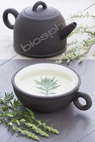 Biosphoto | 1164891 | Tisane d'Armoise dans un bol en terre ; Des feuilles sont posées dans le bol et sur le plan de travail en ardoise, une tisanière est placée en arrière plan | &copy; Frédérique Bidault / Biosphoto