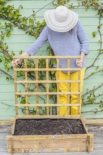Biosphoto | 2547182 | Woman setting up a mini vegetable garden on a terrace step by step. | &copy; Jean-Michel Groult / Biosphoto