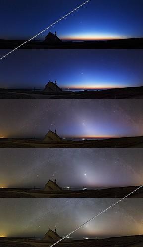 Biosphoto | 2035675 | Zodiacal light at Pointe du Van - Brittany France ; When taking a picture every 10 minutes, we see how the zodiacal light appears in the sky growing dark. The last picture was taken just after the end of astronomical twilight which is the beginning of true dark night. | &copy; Laurent Laveder / Biosphoto
